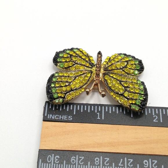 Vintage Butterfly Brooch Yellow Green Black Rhinestones Gold Tone Insect Pin - Picture 7 of 8